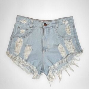 BY STAR Large High Waisted Distressed Light‎ Wash Jean Shorts Distressed Cut-Off